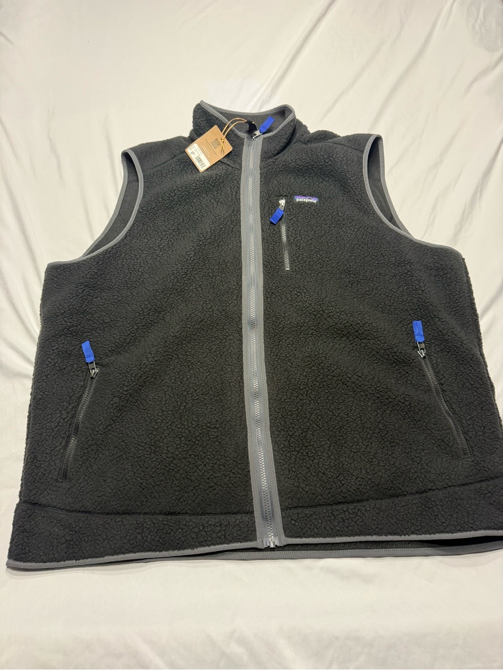 Patagonia Men’s Charcoal Fleece Vest with Blue Zipper Pulls